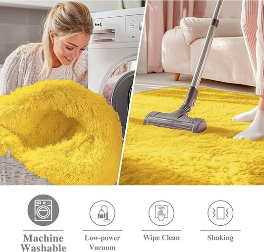 OLANLY Yellow Round Rugs for Bedroom - Machine Washable, 5 ft Circle Area Rugs for Living Room, Soft and Fluffy Shaggy Carpet for Teen Girl and Boys, Nursery Rooms, Dorms, Home Decor Aesthetic