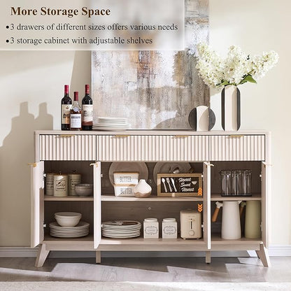 T4TREAM Large Buffet Sideboard Cabinet with Storages, 60" Fluted Modern Buffet Table Coffee Bar Wine Bar Storage Cabinet with 3 Drawers & 4 Doors for Dining Room, Living Room, Hallway(White Alder)