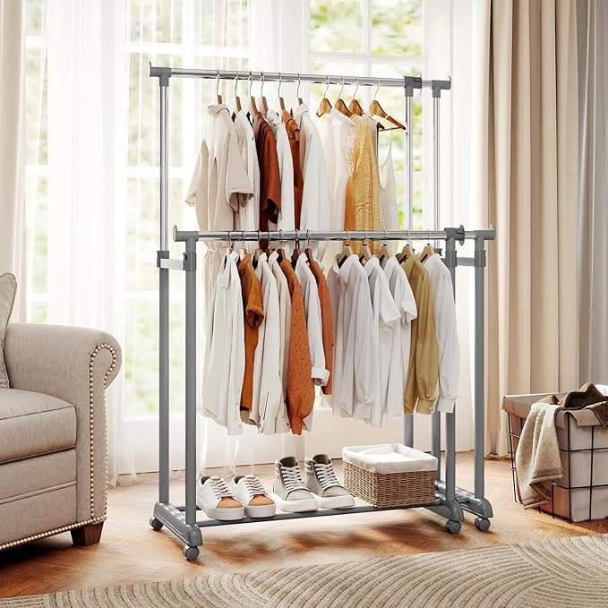 Giantex Extendable Double Rod Clothes Rack, Portable Garment Clothin Rack with Adjustable Height & Width, Heavy-Duty Metal Rolling Wardrobe Racks with Wheels for Bedroom, Laundry, Dressing Room