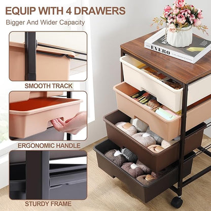 SYKIARIOL Utility Cart with 4 Drawers,Rolling Storage Cart with Drawers,Storage Rolling Drawer Cart,Brown