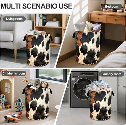 Brown Cowhide Laundry Basket Laundry Hamper With Handles Collapsible Laundry Baskets Storage Basket For Room Bathroom Bedroom Decor