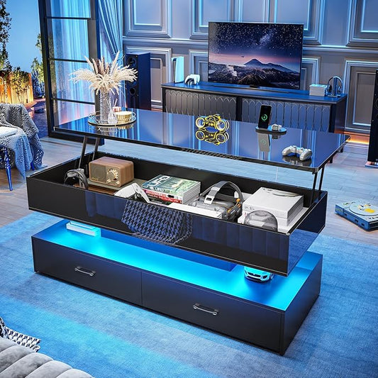SEDETA 47.2" Lift Top Coffee Table, Coffee Tables with Storage for Living Room, 2 Drawers Coffee Table with Power Outlet & LED Light for Dining Reception Room, High Gloss Black