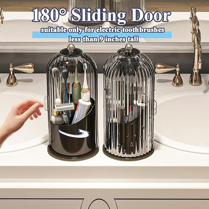 Toothbrush and Toothpaste Holders with Cover, Grey Black | Waterproof and Dustproof, 360° Rotating Base, Smooth Sliding Door, 3 Slots, for Bathroom Countertop