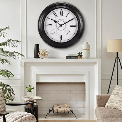 CLXEAST Illuminated Outdoor Indoor Metal Clocks Waterproof 24 inch, Oil Rubbed Bronze Black,Oversized Large Outdoor Roman Numeral Wall Clock with Thermometer & Hygrometer