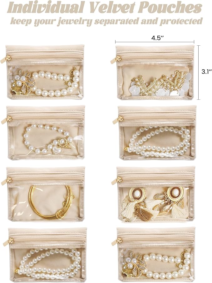 Travel Jewelry Case, Small Travel Jewelry Box with 8 Velvet Jewelry Bag Mini Pouch, Portable Travel Jewelry Organizer for Rings Earrings Necklaces (Beige 8 Pcs)