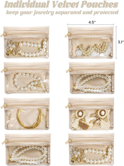 Travel Jewelry Case, Small Travel Jewelry Box with 8 Velvet Jewelry Bag Mini Pouch, Portable Travel Jewelry Organizer for Rings Earrings Necklaces (Beige 8 Pcs)