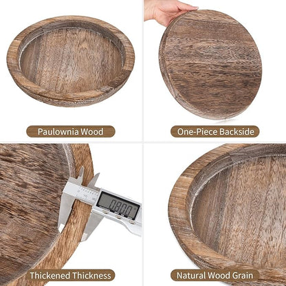 Hanobe Rustic Wooden Serving Tray: Set of 2 Round Wood Butler Decorative Tray Vintage Centerpiece Candle Holder Trays Farmhouse Ottoman Tray for Kitchen Countertop Home Decor for Coffee Table