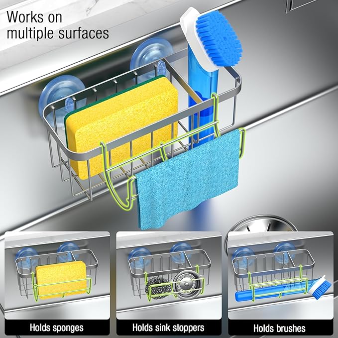 HOKEMOM Kitchen Sink Caddy Organizer with Sponge Holder & Multifunctional Hooks - Dual Suction Cups (18.5lb Hold), 2.0mm Stainless Steel Silver Rust-Proof, Non-Slip, 7.09" x 4.33" x 2.76"