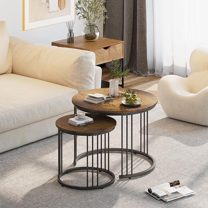 Garden 4 you Nesting Coffee Table, 23.6" Round Coffee Table Set of 2, Wooden Nesting Table with Metal Frame, Ceter Tables for Living Room Bedroom Balcony, Rustic Brown
