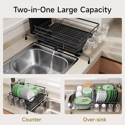 Runnatal Dish Drying Rack - Expandable Dish Rack, Large Drying Dish Drainer Over Sink with Drainboard, Utensil Holder & Cup Holder, Stainless Steel Dish Strainer for Kitchen Counter, Black