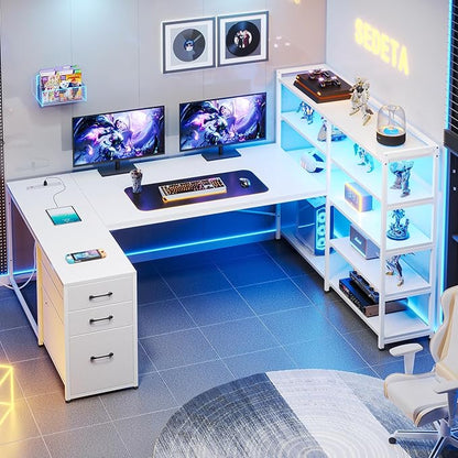 SEDETA White Computer Desk with Drawers, 64.5" Reversible Office Desk with Fabric File Drawer, Corner Computer Desk with Power Outlet & LED Strip and Storage Bookshelf