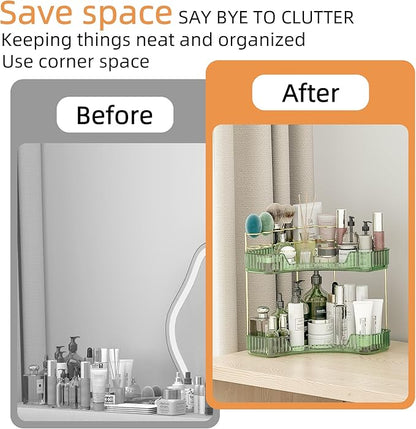 2 Tier Corner Bathroom Organizer Countertop, Vanity Makeup Organizer with Brush Holder, Space-Saving Skincare Storage Corner Shelf for Bathroom, Dressing Table, Kitchen