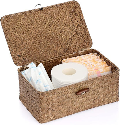 Sumnacon Small Wicker Basket with Lid Rectangle Woven Baskets for Toiletries Tampon Storage,Wicker Storage Basket with Lid,Decorative Seagrass Storage Baskets for Shelf Bathroom Toilet Table,Coffee