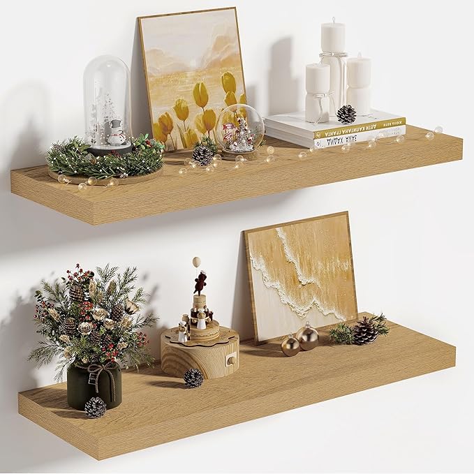 Vivelove 10" Deep Floating Shelves Over Toilet, 24" Wall Shelves for Bathroom Bedroom Kitchen Living Room Laundry Room, Modern Rustic Shelves for Home Decor, 24"x10.2"x1.5", Set of 2, Oak