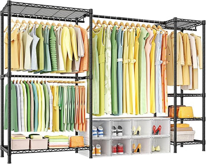 Ulif E10 Clothes Rack（With Stretchable Hanger Rod）Freestanding Clothing Racks for Hanging Clothes，Adjustable Closet Organizer System，Portable Garment Rack 73-97"W x 15" D x 72" H，Max Load 800LBS，Black