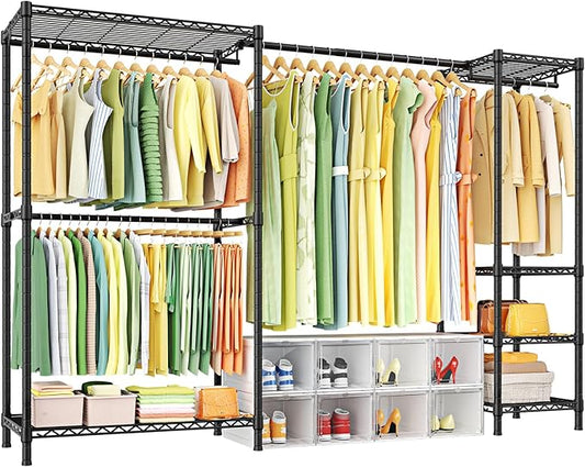 Ulif E10 Clothes Rack（With Stretchable Hanger Rod）Freestanding Clothing Racks for Hanging Clothes，Adjustable Closet Organizer System，Portable Garment Rack 73-97"W x 15" D x 72" H，Max Load 800LBS，Black