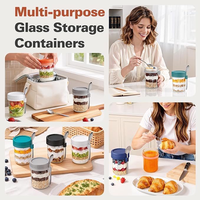 6 Pack Overnight Oats Containers with Lids and Spoons, 16 oz Airtight Oatmeal Container with Measurement Marks, Overnight Oats Jars for Cereal Fruit Vegetable Milk Salad Yogurt Meal Prep