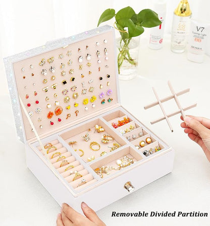 QBestry Jewelry Box for Earrings, Teen Girls Jewelry Organizer Box Earring Holder Organizer for Girls Jewelry Box Stud Earring Organizers for Girls Earrings Jewelry Boxes for Women Bling