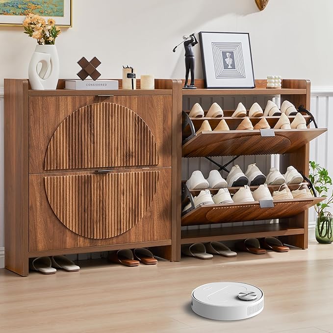 Shoe Cabinet Storage for Entryway with 2 Flip Drawers, Narrow Shoe Organizer Cabinet with Round Fluted Panel, Small Freestanding Hidden Wood Slim Shoe Rack for Foyer, Hallway, Walnut