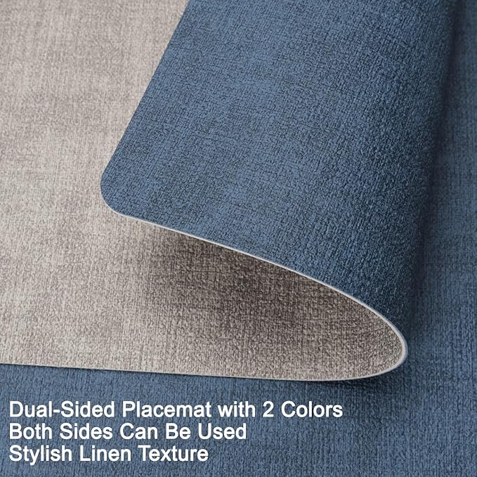 Myir JUN Reversible Vinyl Placemats Set of 4, Faux Leather Place Mats Dual Sided Waterproof Wipeable, Heat-Resistant Table Mats for Kitchen Dining Indoor Outdoor (12" x 17", Light Gray Navy Blue)