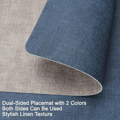Myir JUN Reversible Vinyl Placemats Set of 4, Faux Leather Place Mats Dual Sided Waterproof Wipeable, Heat-Resistant Table Mats for Kitchen Dining Indoor Outdoor (12" x 17", Light Gray Navy Blue)