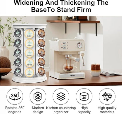 CEHNCEH K Cup Holder: Coffee Pod Carousel Organizer, Compatible with 40 Keurig K-Cup Pods, Spins 360-Degrees - Lazy Susan Platform, Home or Office Kitchen Counter Organize (Off-white)
