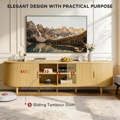 80" Mid Century Modern TV Stand with Power Outlet, Fluted Entertainment Center with Storage and Adjustable Shelves, Wood TV Console with Sliding Doors for Living Room, Oak