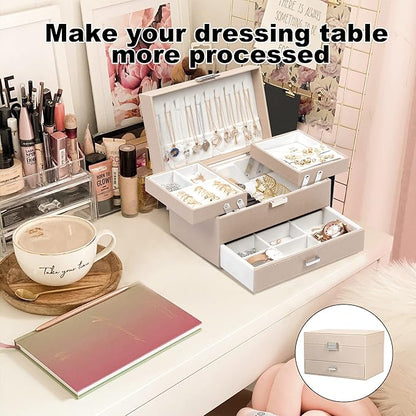 Dajasan Jewelry Box Organizer, Jewelry Boxes for Women Girls, 3 Layers Jewelry Gift Box for Christmas, Valentine's Day, Birthday, Mother's Day (Champagne)