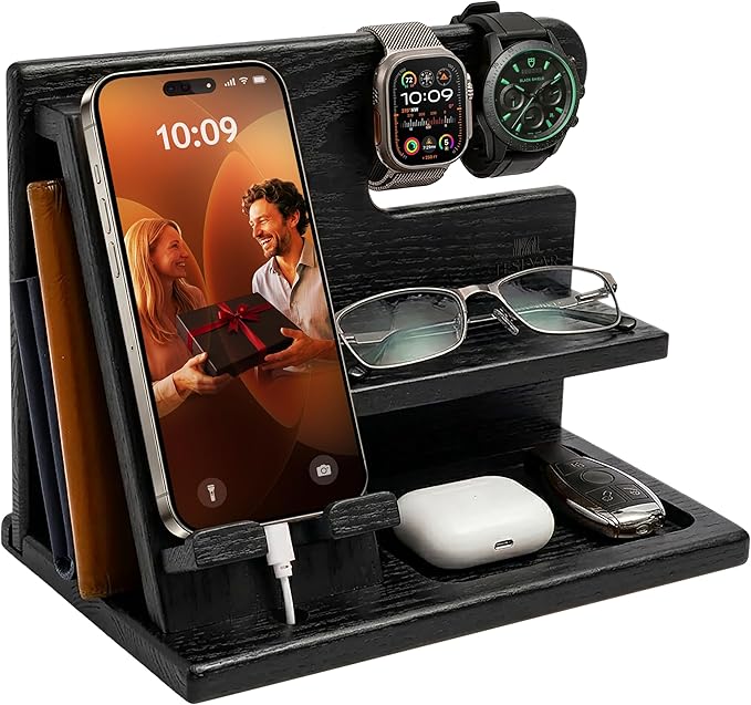 TESLYAR Wood Phone Docking Station for Men - Desktop or Nightstand Organizer - Birthday Gifts for Men, Dad - Anniversary Idea from Wife - Key Holder, Stand Wallet, Watch & Essentials (Granite Black)