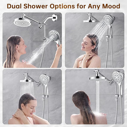 BRIGHT SHOWERS Rain Shower Head with Handheld Spray Built-in Power Wash, High Pressure Dual Shower Head with Height Adjustable Extension Arm, 3-Way Diverter, 9 Settings Handheld, 69” Long Hose, Chrome