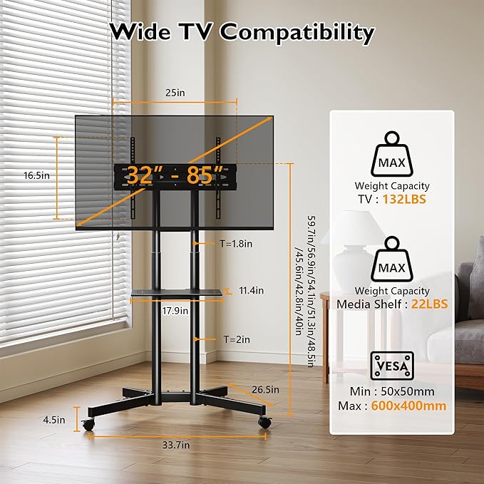 BONTEC Rolling TV Stand with Tilt, Mobile TV Cart for 32–85 Inch LED LCD OLED Flat & Curved TVs, Portable Stand with Laptop Shelf, Locking Wheels, Outdoor TV Stand Holds 132 lbs, Max VESA 600x400mm