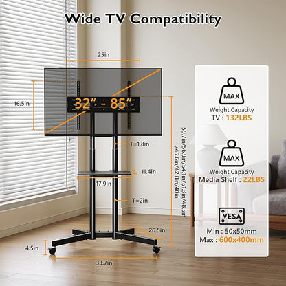 BONTEC Rolling TV Stand with Tilt, Mobile TV Cart for 32–85 Inch LED LCD OLED Flat & Curved TVs, Portable Stand with Laptop Shelf, Locking Wheels, Outdoor TV Stand Holds 132 lbs, Max VESA 600x400mm