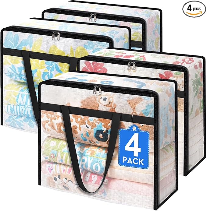 TasticTotes 4 Pack Clear Storage Bags for Comforter, Clothes & Bedding, Plastic Blanket Storage with Zipper and Handle, Moving Bags, Closet Organizer and Under-Bed Storage (60L)
