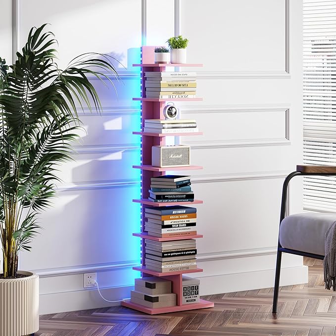 TUTOTAK Narrow Bookshelf, 8-Tier Bookcase with LED Lights, Spine Book Shelf for Small Space, Corner Standing Shelf for Living Room, Office, Study, Entryway, Pink BS06BP008L