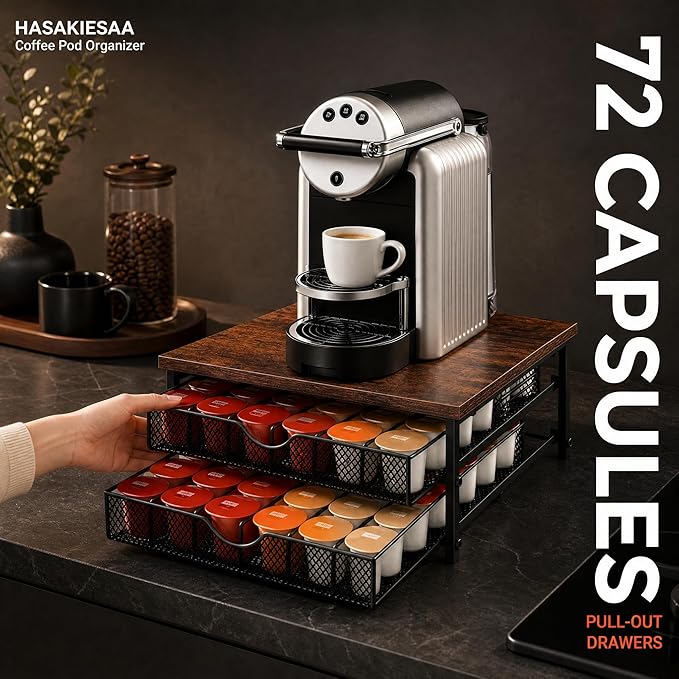 Coffee Pod Organizer 2 Tier Coffee Pod Drawer Holder 72 Capacity K Cup Coffee Capsule Storage Rack for Countertop Metal Coffee Pod Storage with Sliding Baskets for Home Office Coffee Station