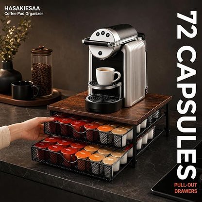 Coffee Pod Organizer 2 Tier Coffee Pod Drawer Holder 72 Capacity K Cup Coffee Capsule Storage Rack for Countertop Metal Coffee Pod Storage with Sliding Baskets for Home Office Coffee Station
