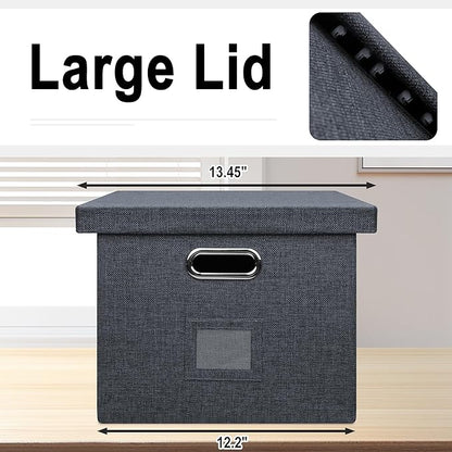 Graciadeco 4-Pack Modern Minimalist Dark Gray Collapsible Linen File Folder Box with Lid for Letter Size Hanging Files, Office Organization, General Storage