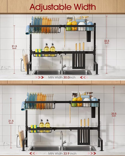Sakugi Dish Drying Rack - Over the Sink Dish Drainer Drying Rack with Utensil & Knife Holder, Hooks, Stainless Steel Kitchen Organizers and Storage Solution, 11" D x 30.5"~34''W x 21.5" H, Black