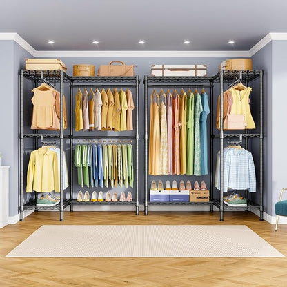 E15 Garment Rack L Shaped Clothes Rack for Corner，Freestanding Clothing Racks for Hanging Clothes，Heavy Duty Closet Organizer with 4 Hanging Rods & 8 S Hooks，43.4" W x 15.8" D x 78.4" H，Grey