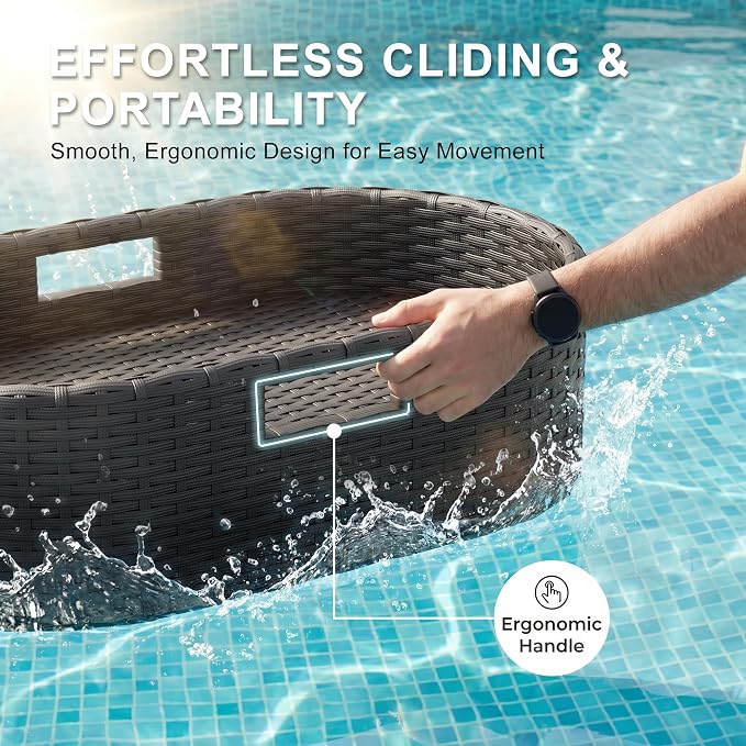 Greesum Wicker Pool Floating Tray, 26”x15” Oval Portable Serving Tray for Holding Fruits, Drinks & Essentials, Suitable for Pool Activities, Bathtub, Hot Tub, Beach Parties, Black