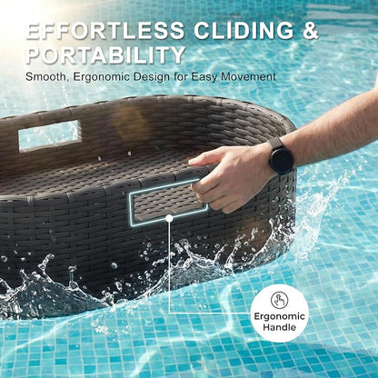 Greesum Wicker Pool Floating Tray, 26”x15” Oval Portable Serving Tray for Holding Fruits, Drinks & Essentials, Suitable for Pool Activities, Bathtub, Hot Tub, Beach Parties, Black