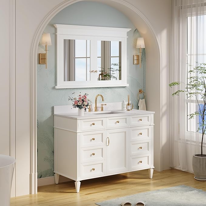 WELLFOR 48"x 32" Bathroom Medicine Cabinet with 3-Tier Adjustable Shelves, Recessed Solid Wood Medicine Cabinet with Mirrors, Wood Miiror Cabinet with 2 Soft-Close Door and Open/Built-in 6 Shelves