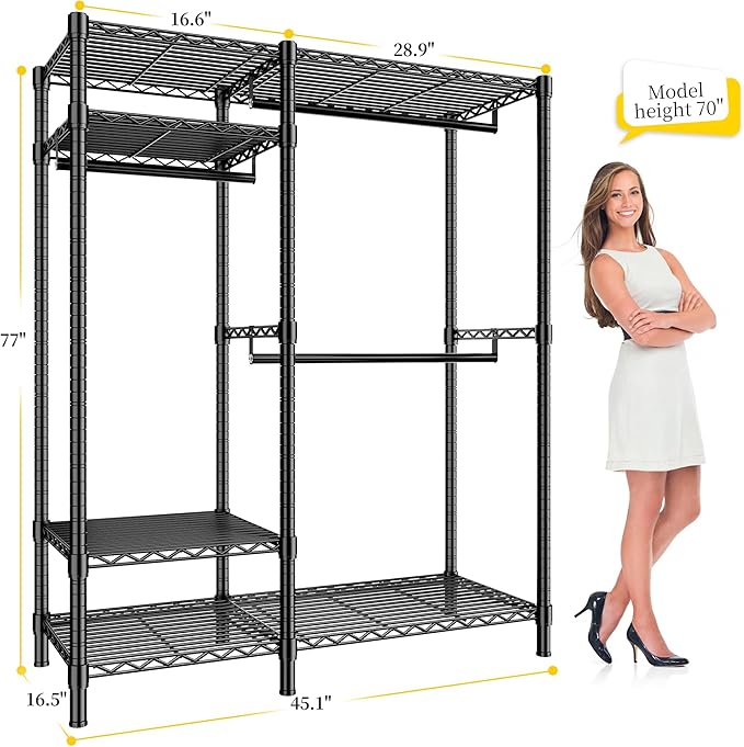 Raybee Clothes Rack Heavy Duty Loads 780LBS Clothing Racks for Hanging Clothes Adjustable Metal Portable Closet,45.5" W x 77" H x16.5 D Black