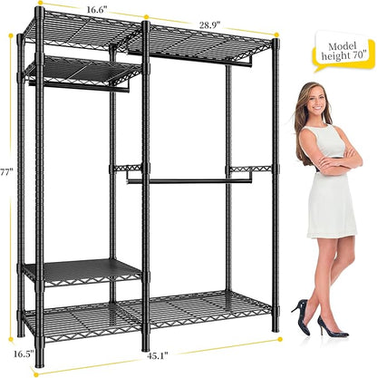 Raybee Clothes Rack Heavy Duty Loads 780LBS Clothing Racks for Hanging Clothes Adjustable Metal Portable Closet,45.5" W x 77" H x16.5 D Black