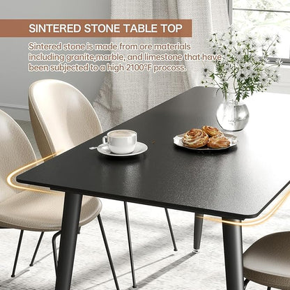 Dining Table, Sintered Stone Kitchen Table, 55'' Black Modern Rectangular Slate Patio Table with Metal Legs, Indoor Outdoor Stone Dining Table for Patio, Backyard, Scratch and Heat Resistant