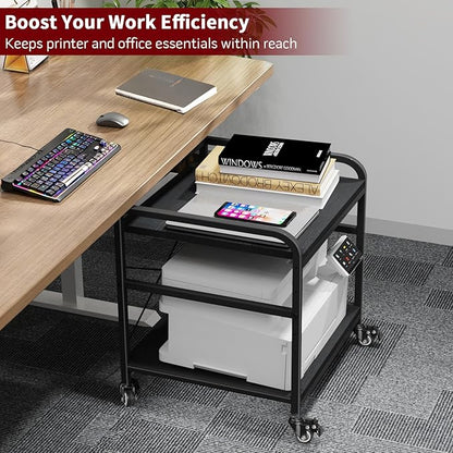 TFK 2 Tier Large Printer Stand with Storage, 20 x 20 Inches Under Desk Printer Table with Adjustable Shelf, Rolling Printers Cart with Wheels for Home Office, Fits Fax /3D Printer/Scanner, Black