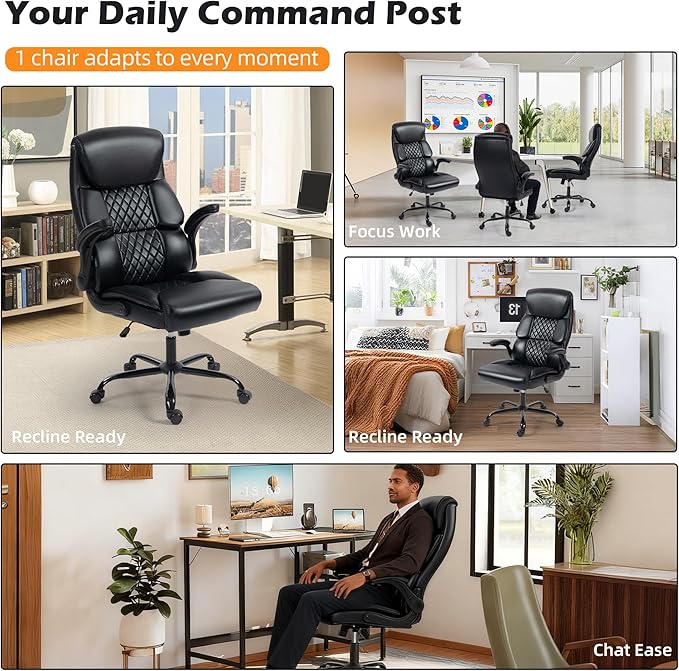 Office Chair - Ergonomic High Back Computer Desk Chair with Rocking Function & Lumbar Support - Executive Comfortable Wide Swivel Rolling Office Leather Chair with Flip-up Armrests for Home Gaming