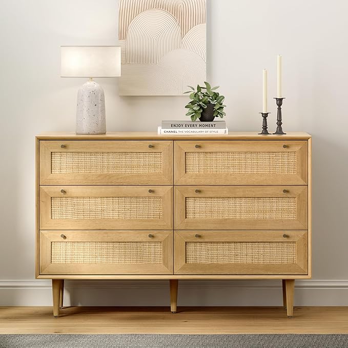 Rattan 6 Drawer Dresser, Modern Closet Dressers of Drawers with Natural Rattan, Boho Dresser Chest, TV Stand of Drawers, Wood Storage Drawer Organizer for Bedroom Living Room Entryway Hallway