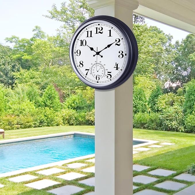 16 Inch Large Outdoor Clock, Retro Waterproof Indoor/Outdoor Clock Non-Ticking Clock with Thermometer, Battery Operated Wall Clock for Patio, Garden, Pool - Black