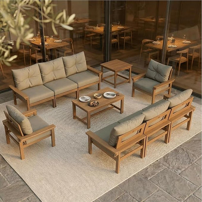 HDPE Outdoor Patio Furniture Set, 6-Piece Patio Conversation Sets with Coffee Table & Side Table & Grey Washable Thick Cushions, Outdoor Sofa for Balcony, Porch, Poolside (Teak Frame)